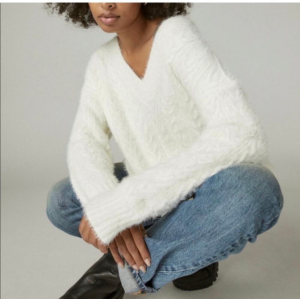 Lucky Brand Eyelash Cable Knit V-Neck Sweater Women's L Cream NWT